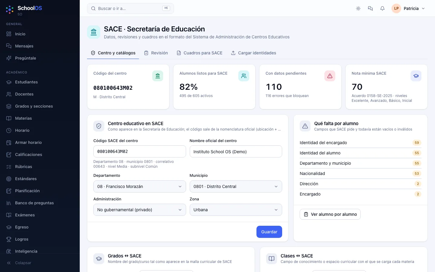Página SACE de School OS: código del centro, alumnos listos para SACE y pendientes por campo